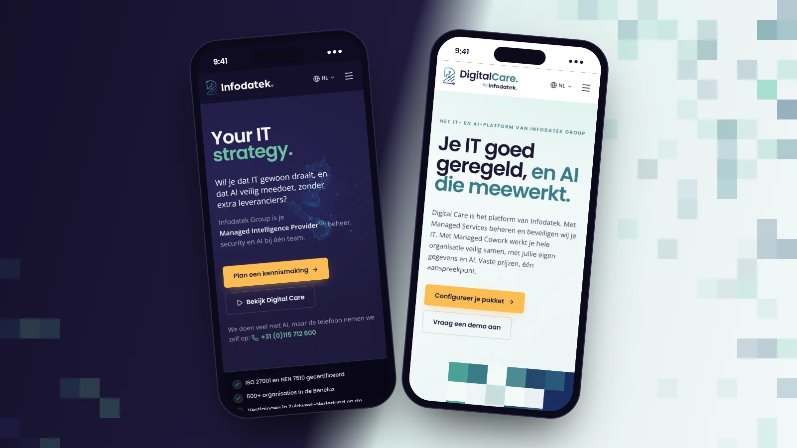 Twee telefoons naast elkaar: links de nieuwe homepage van infodatek.com, donker met de kop Your IT strategy, rechts de homepage van digitalcare.net, licht met de kop Je IT goed geregeld, en AI die meewerkt.