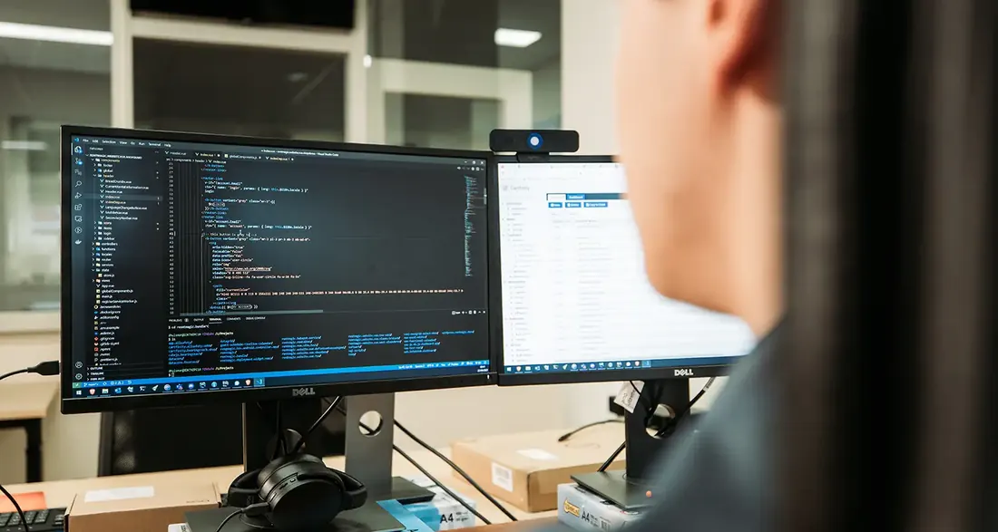 Twee schermen met code en een dashboard, over de schouder van een collega van Infodatek Group.